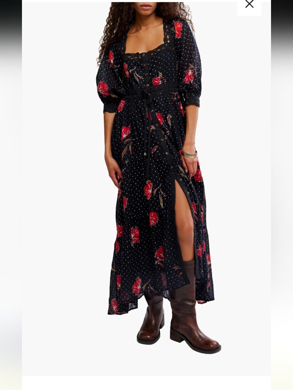 Black Floral Maxi Skirt with Red Tulip Print